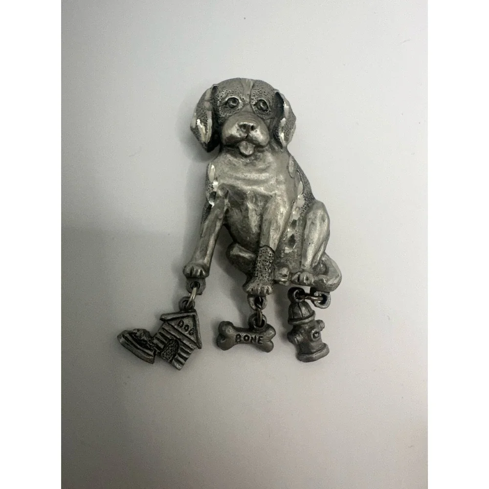 VINTAGE Pewter DOG BROOCH PIN Dangle CHARMS Doghouse Bone PUPPY Signed Spoon